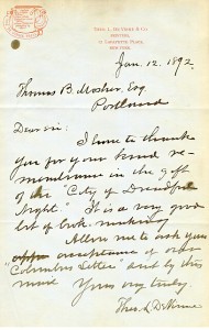 Letter from Theo. L. DeVinne to Mosher