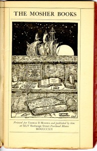 Catalogues (1893/94-1923) - "The Mosher Books" with biographical, symbolic title page designed by e.a.c. (Elizabeth Alden Curtis). Title page.