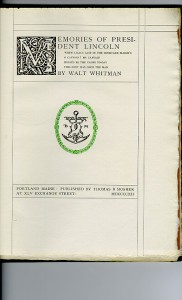 Miscellaneous Series (1895-1923) - "Memories of President Lincoln" by Walt Whitman. Title page.