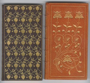 Zaehensdorf Exhibition Binding for The Mosher Books - (Left) Black - Michael Field's "Underneath the Bough" (1898); (Right) Light Brown - Swinburne's "Atalanta in Calydon" (1897)